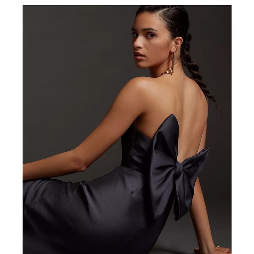 NWT Anthropologie Hutch Slim Bow-Back Midi Dress $198 Black Strapless Cocktail